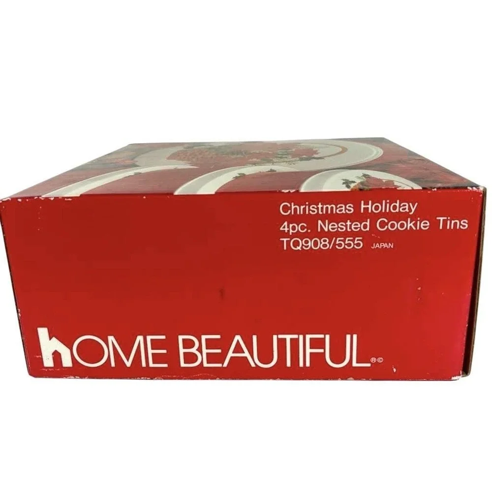 Vintage 90's Home Beautiful 4pc Nested Christmas‎ Holiday Poinsettia Cookie Tins